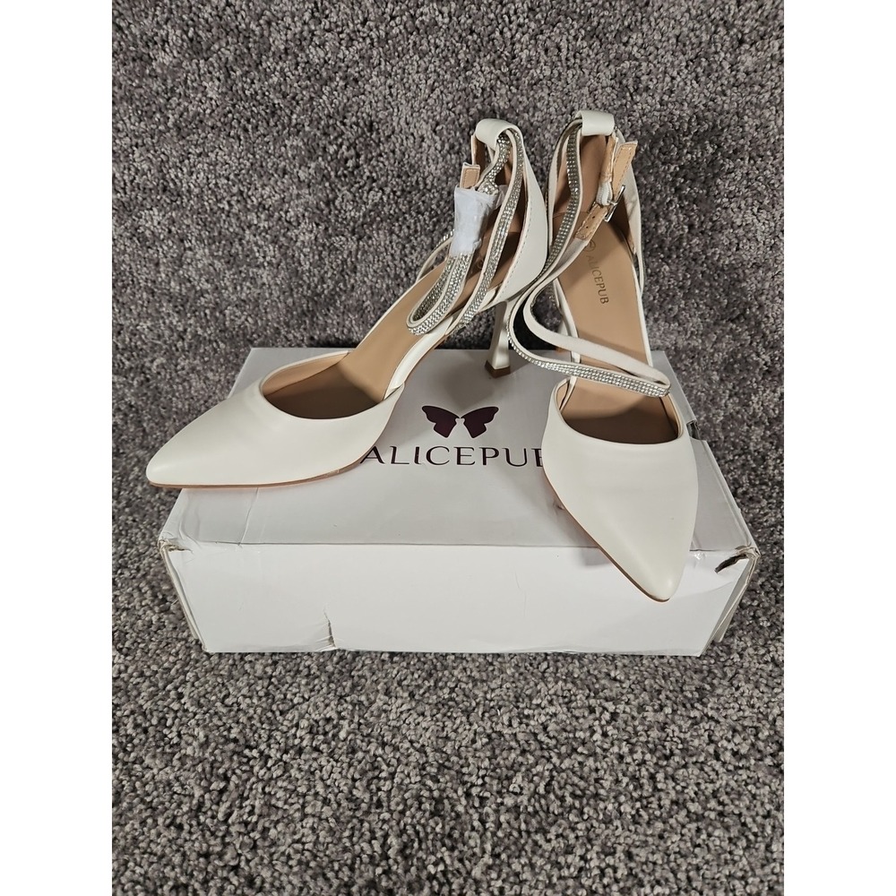 Womens White Pointed Toe Shoe Double Rhinestone Ankle Wrap. Stiletto Heel 7.5
